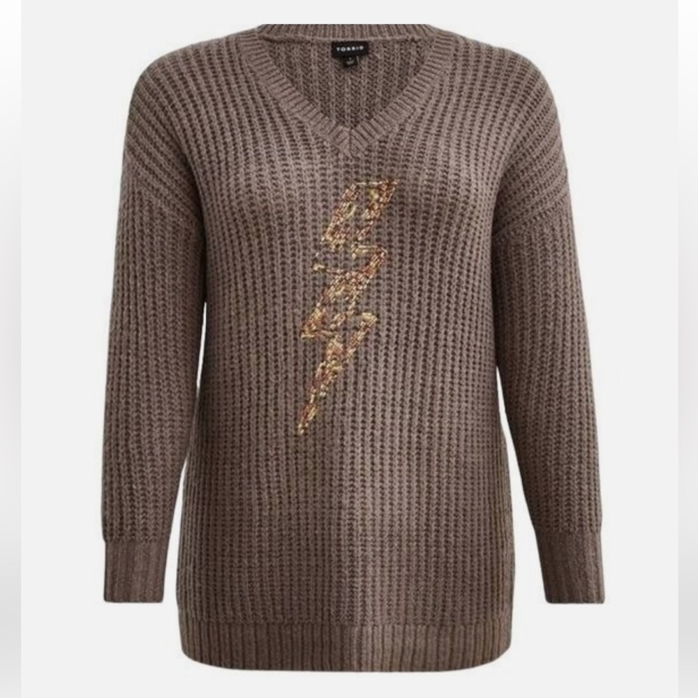 Torrid Grey V-Neck Sweater with Metallic Lightning Bolt